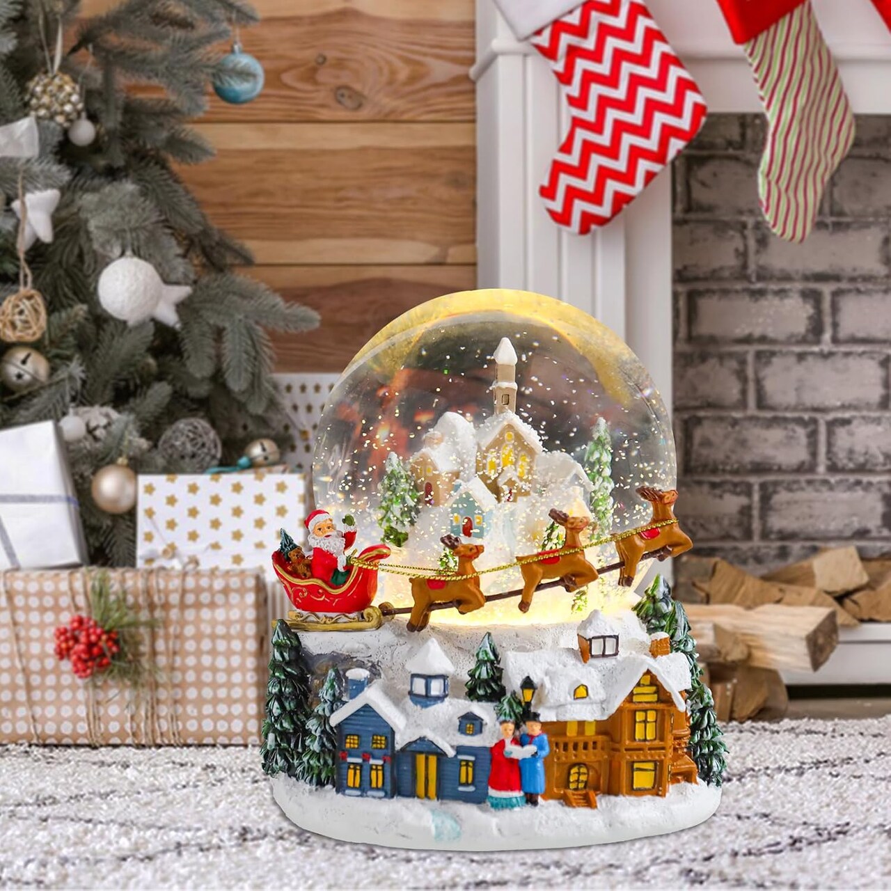 Christmas Snow Globe, Santa Claus Rides an Elk Sleigh Musical Snowglobe with Swirling Glitter Snowflakes Lighted Christmas Decorations Tabletop Home Décor